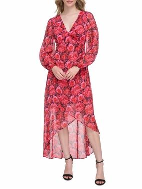 Guess Floral V-Neck High-Low Dress in Pink & Red